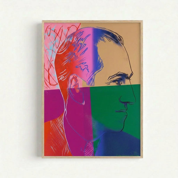 Framed Warhol-style pop art print displaying George Gershwin's portrait with bright contrasting hues and simplified facial features characteristic of twentieth-century pop art.