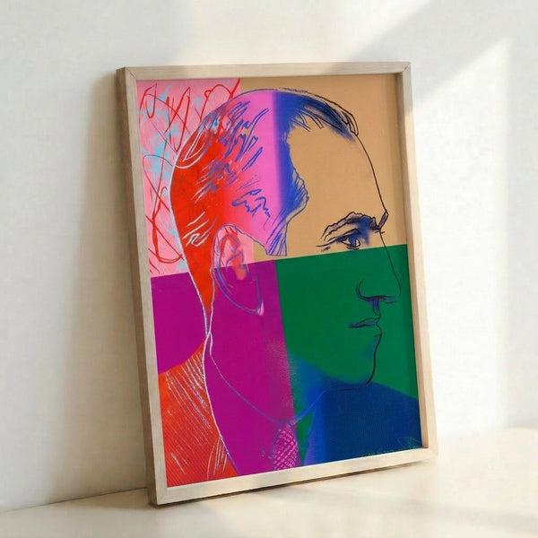 George Gershwin portrait rendered in vivid pop art aesthetic with overlapping color blocks and high-contrast silkscreen technique, celebrating the legendary composer.