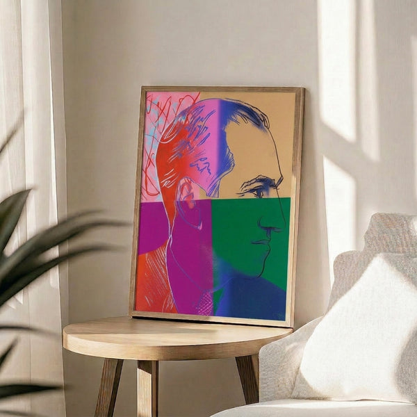 Wall-mounted pop art print of composer George Gershwin with luminous colors and graphic silkscreen printing reminiscent of Andy Warhol's portrait innovations.