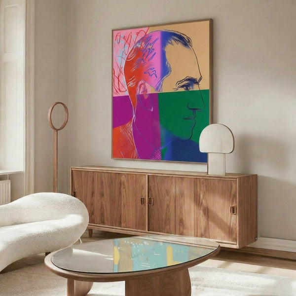 Pop art portrait poster of George Gershwin showcasing bright, eye-catching colors and bold artistic abstraction in twentieth-century popular art tradition.