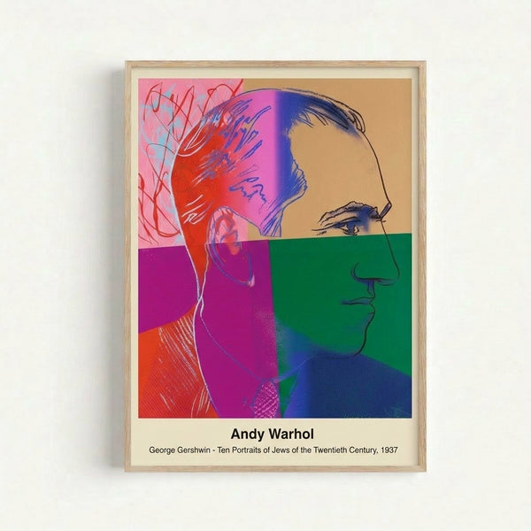 Iconic pop art print featuring a contemplative male portrait with simplified features and striking color contrast in modern minimalist composition.