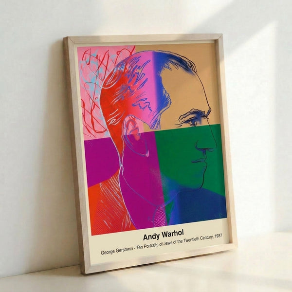 Framed pop art poster displaying a faceless male silhouette in bold black and cream tones with an accent color, evoking celebrity mystique.