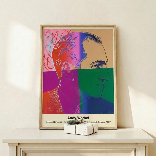 Modern pop art portrait with geometric color blocks in black, cream, and vivid accent hues, capturing an iconic yet enigmatic mood.