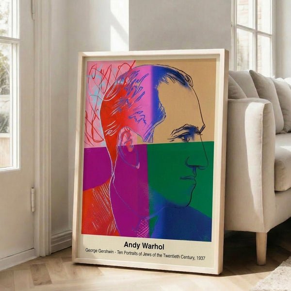 Minimalist pop art print of a man's portrait using bold black outlines, cream fills, and striking accent coloring in contemporary style.