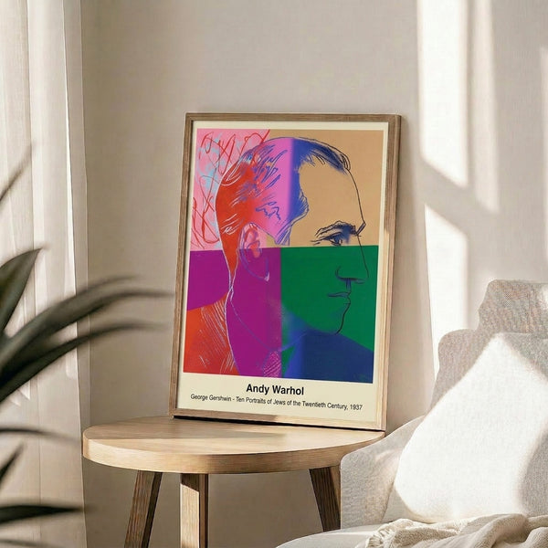 Pop art poster featuring a stylized male face with simplified forms in black, cream, and bold accent color, conveying iconic intrigue.