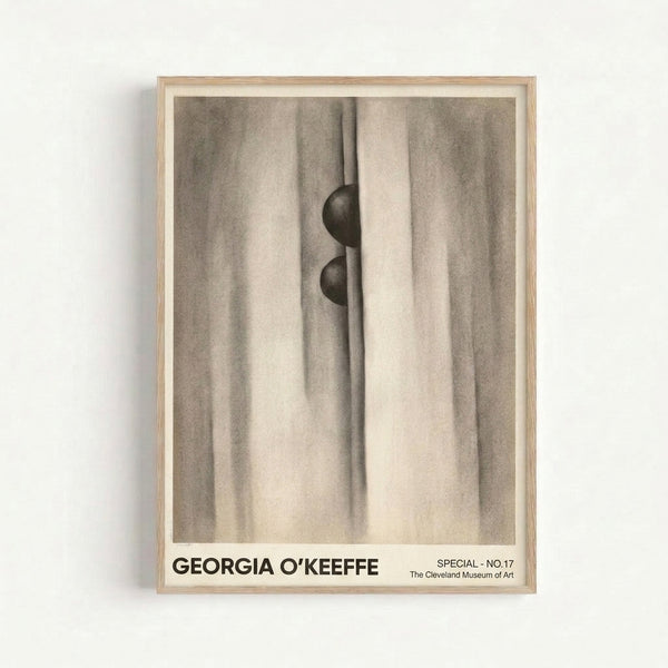 Contemplative abstract poster with draped curtain forms and spherical shape rendered in soft grays and warm neutrals, evoking intimate sensuality.