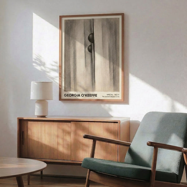 Abstract art print with layered curtain forms and spherical element in soft taupe, cream, and charcoal hues, evoking quiet contemplation.