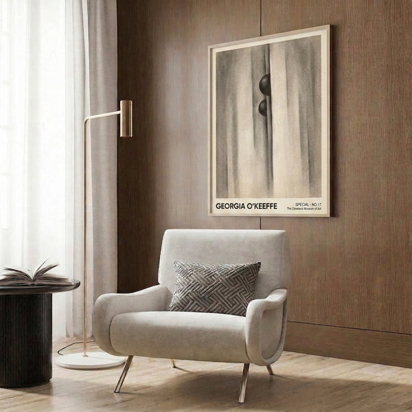 Framed abstract composition showing flowing drapery and rounded shape in warm neutrals and cool grays, sensual and mysteriously poetic.