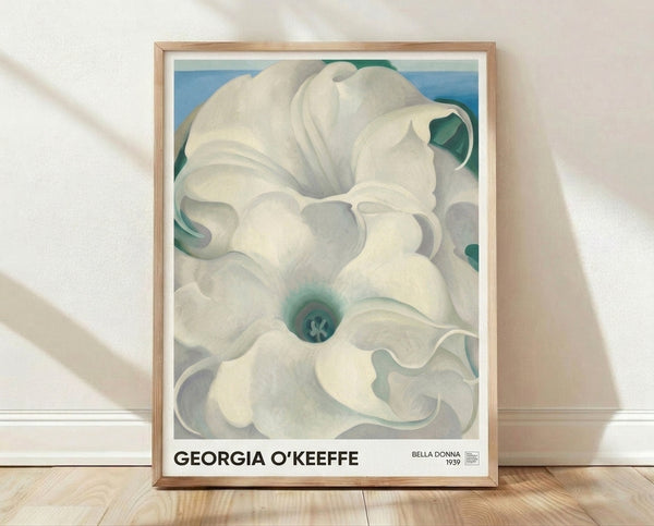 Abstract flower painting with layered cream and white petals surrounding a soft teal stamen, creating an intimate and sensual botanical composition in a minimalist modern style.