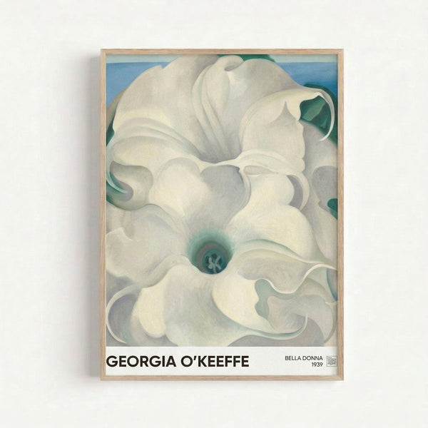 Close-up view of pale blue and gray flower petals unfurling around a centered teal core, rendered in soft, serene tones characteristic of early modernist botanical art.