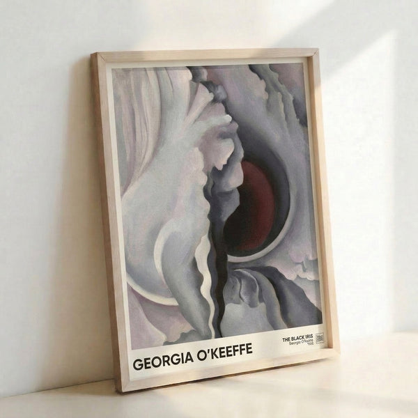 Georgia O'Keeffe inspired abstract iris study featuring layered petals in burgundy, gray, and cream tones, framed modern art print.