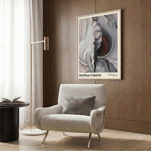 Dreamlike iris flower rendered in muted mauve, charcoal, and burgundy palette with flowing abstract petal shapes.