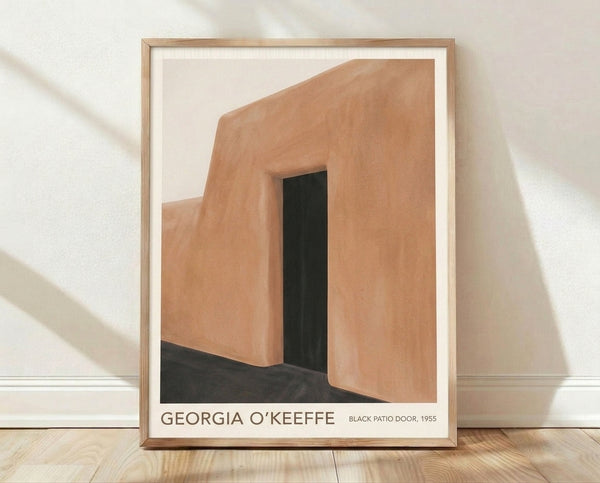 Abstract framed art print featuring a minimalist black patio door with warm terracotta and cream tones, creating a serene architectural composition.