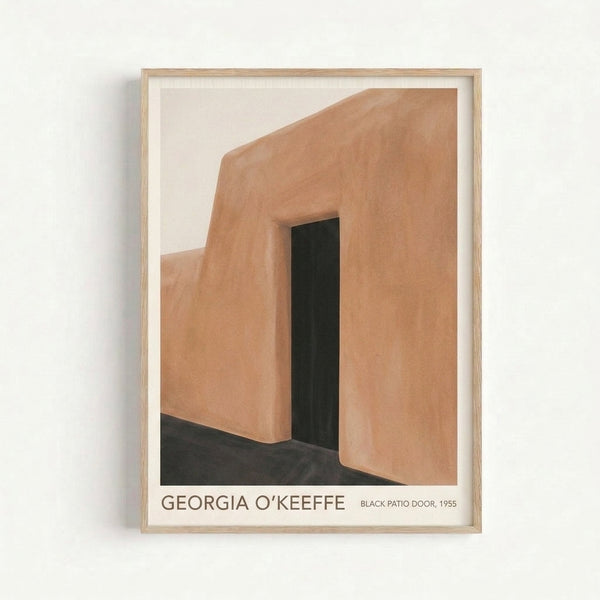 Modern minimalist poster art displaying a geometric black doorway surrounded by soft tan and terracotta hues, evoking contemplative abstraction.
