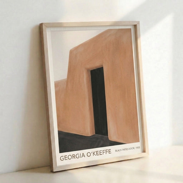 Framed abstract print with a bold black patio door silhouette set against warm cream and terracotta backgrounds in minimalist style.