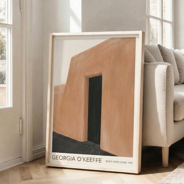 Minimalist art print featuring an abstract black door opening framed by warm tan and terracotta tones, creating a contemplative mood.