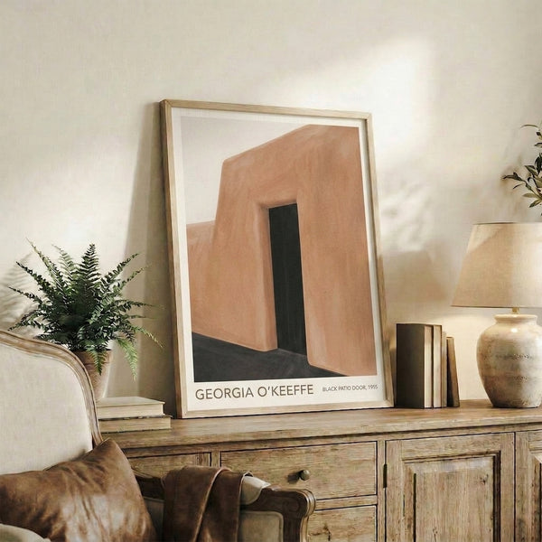 Modern abstract framed poster with a geometric black patio door design in warm cream and terracotta palette, serene and architectural.