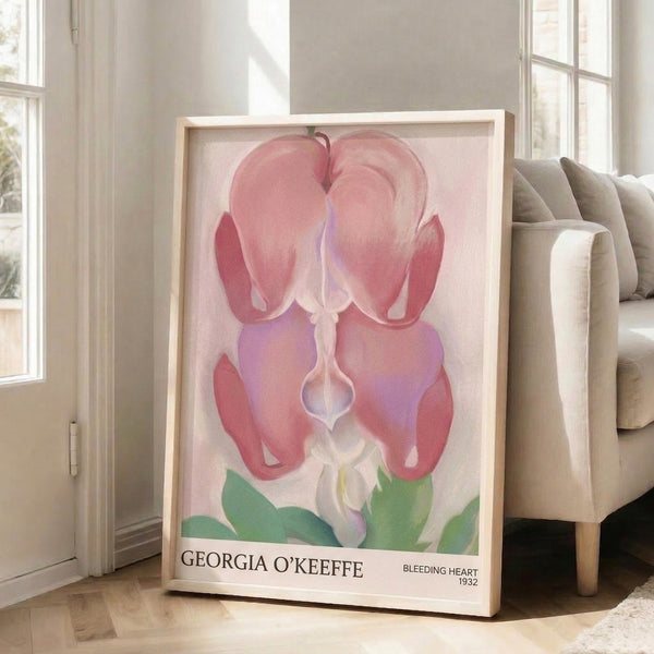 Botanical poster featuring intimate bleeding heart flower in soft pink, lavender, and cream with Art Nouveau curves and organic forms.