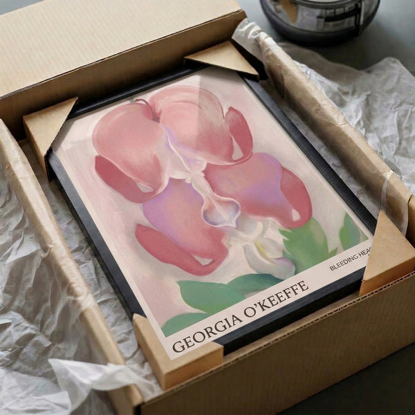 Contemplative botanical artwork of bleeding heart blooms with flowing petals in cream, lavender, and pink tones in elegant Art Nouveau style.