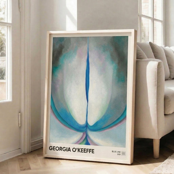 Minimalist floral abstraction with layered petals in cream, teal, and mauve creating a calm, contemplative composition on a framed poster.