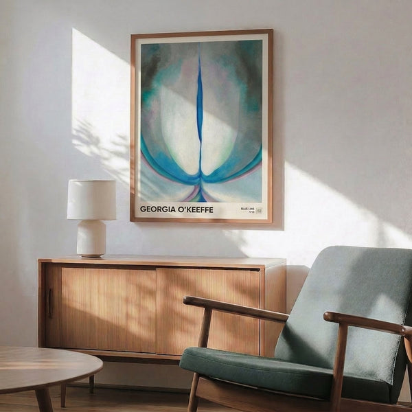 Contemporary abstract flower poster featuring flowing forms in muted cream, green, and teal tones, embodying quiet sensuality and minimalist sophistication.