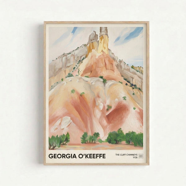 Framed impressionist landscape painting featuring majestic southwestern cliff formations rendered in warm oranges, pale blues, and earthy creams with serene, flowing vegetation.