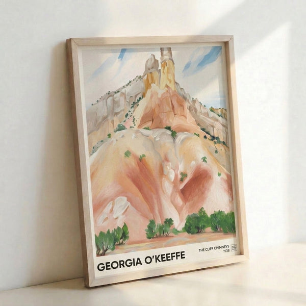 O'Keeffe's vintage-style mountain wall art shows abstracted cliff chimneys in soft watercolor hues of terracotta and sage, evoking contemplative natural grandeur.