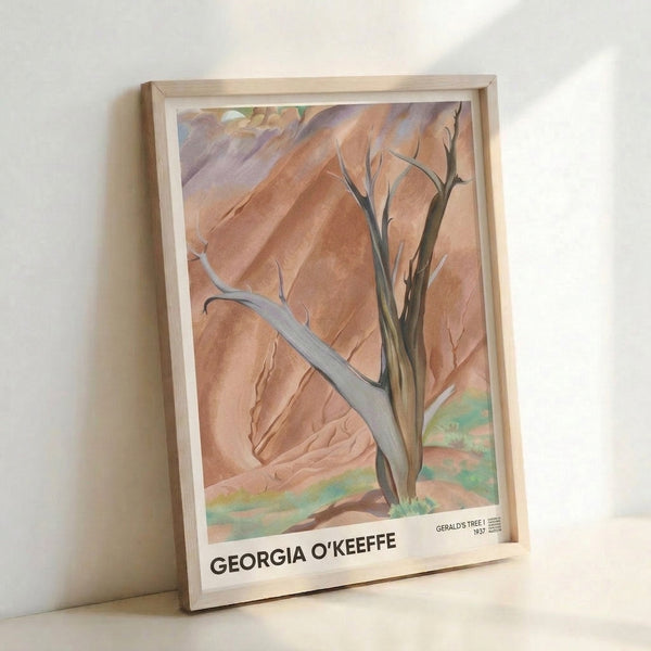 Impressionist desert tree painting in soft mauve, cream, and sage green, framed on wall as landscape art with austere, contemplative aesthetic.