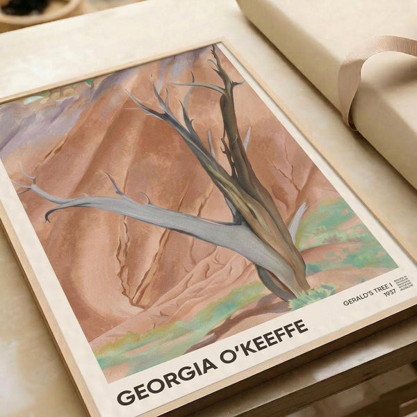 Framed wall art of a stark desert tree composition in impressionist style, showcasing terracotta, sage, and mauve color harmonies.