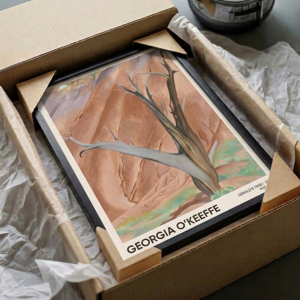 Austere impressionist landscape poster depicting a solitary tree amid mountains, rendered in soft terracotta, ochre, cream, and sage green pigments.