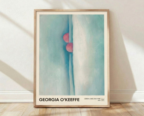 Abstract art print featuring flowing curved forms in soft pink, pale green, and teal tones creating a serene, sensual composition on a framed wall poster.