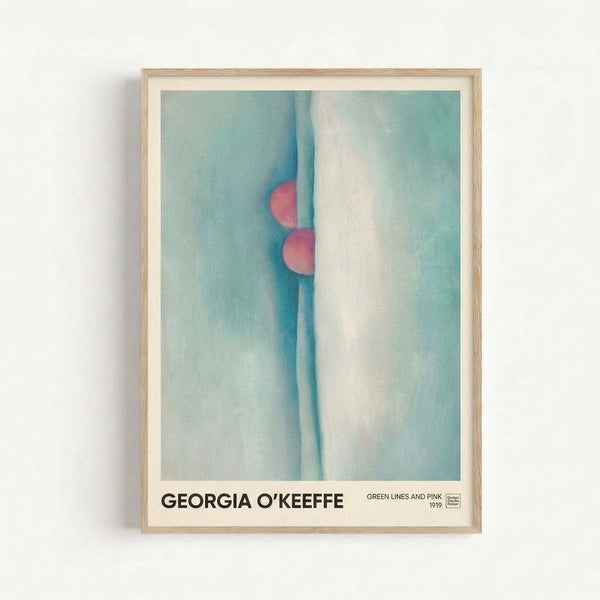 Framed poster of Georgia O'Keeffe's 1919 abstract work with organic undulating shapes in cream, green, and pink evoking a contemplative mood.