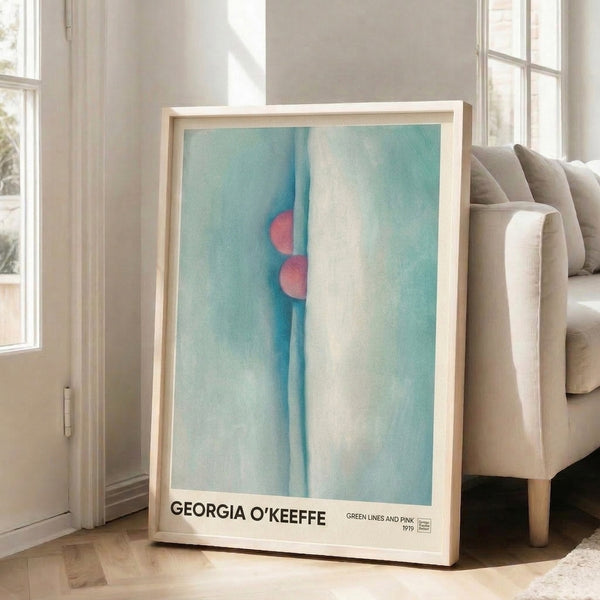 Framed modernist abstract artwork featuring flowing curves and layered forms in pale green, soft pink, and cream with a serene, introspective quality.