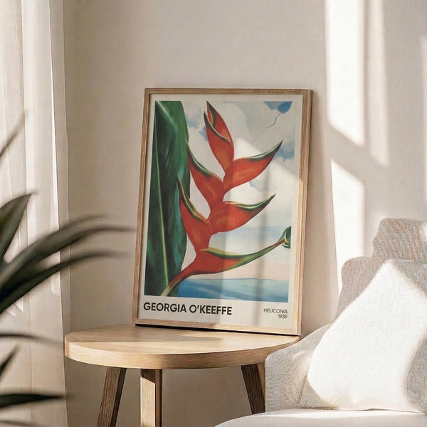 Vintage masterpiece art print capturing the intimate drama of a heliconia flower in deep reds and forest greens with hints of cream and gold, mounted and framed.