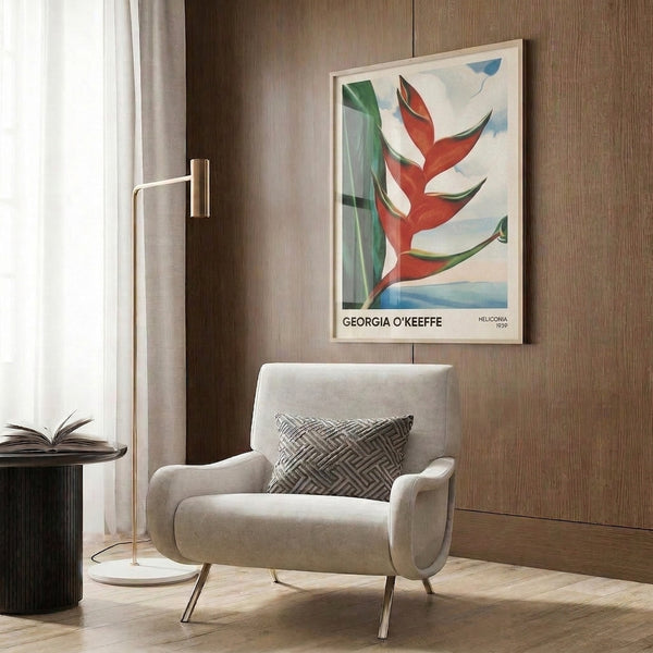 Modernist botanical artwork of a heliconia bloom with sensual, abstract forms in a rich color palette of crimson, emerald, sky blue, and golden tones, displayed as a framed print.
