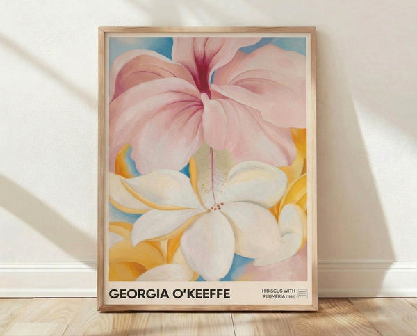 Abstract close-up botanical art print featuring layered pink and white hibiscus and plumeria petals with soft yellow and cream tones, inspired by Georgia O'Keeffe's modernist style.