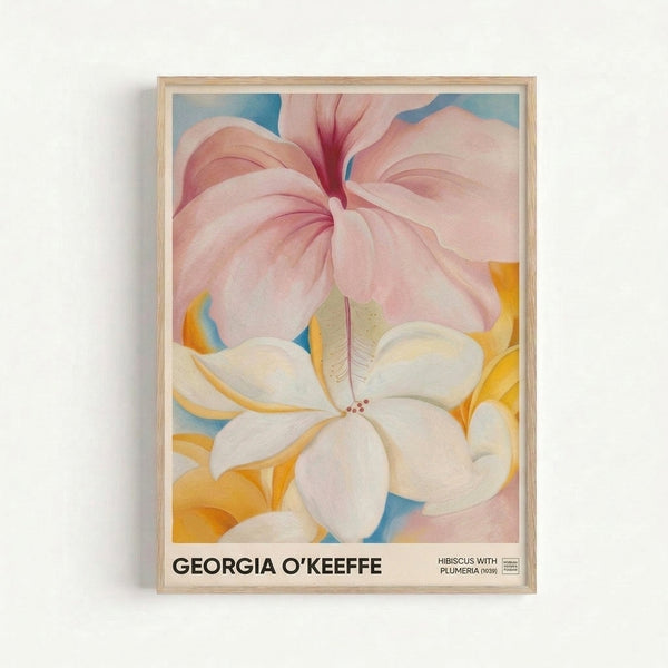 Sensual floral poster in soft pink, white, and blue hues depicting intimate hibiscus and plumeria blooms with flowing organic forms characteristic of mid-century modern botanical art.