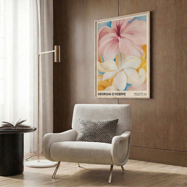 Contemporary floral print inspired by Georgia O'Keeffe's work, depicting sensual plumeria and hibiscus blooms in layered shades of pink, cream, and blue with flowing organic lines.