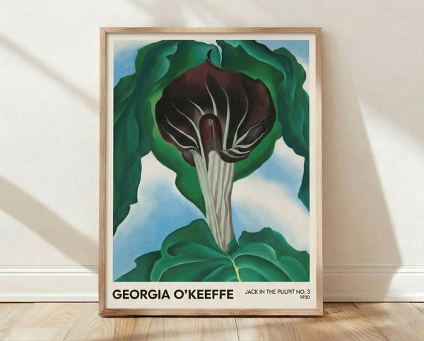 Abstract botanical framed poster featuring a stylized jack in the pulpit flower in deep burgundy and forest green tones with cream accents, rendered in a sensual modernist style.