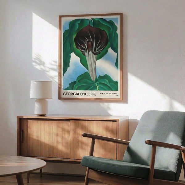 Contemporary framed botanical print featuring a close-up view of a jack in the pulpit in moody burgundy and green hues against a soft background, with minimalist aesthetic.