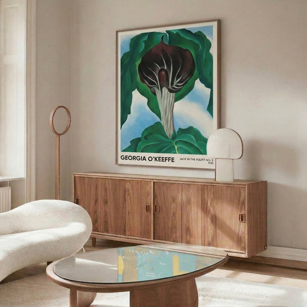Abstract flower poster in rich jewel tones of burgundy and forest green with touches of sky blue and cream, presenting an intimate study of a jack in the pulpit bloom.