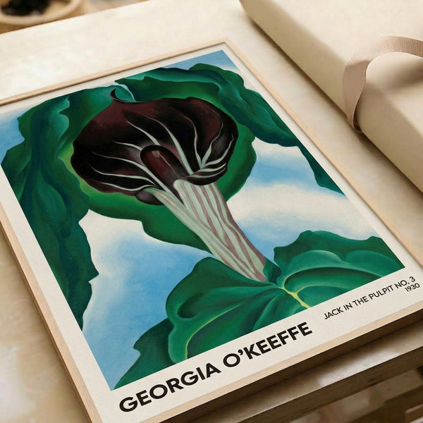 Modernist framed art print of a stylized jack in the pulpit flower rendered in deep burgundy, forest green, and soft neutral tones with contemplative botanical character.