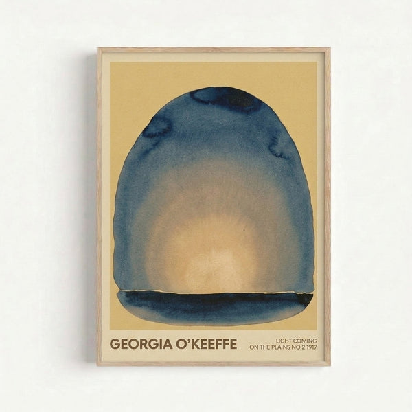 Framed modern art print featuring a luminous cream and yellow dome form floating in a contemplative composition of cool teal and blue tones.