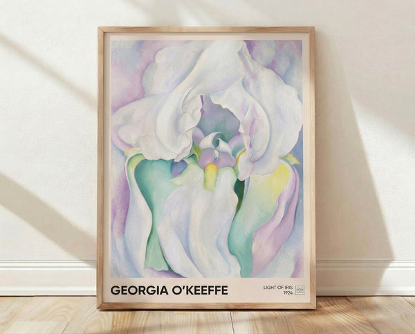 Watercolor iris flower with delicate pale purple petals and soft yellow stamen, rendered in serene Art Nouveau style on framed poster.