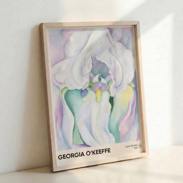 Meditative floral art print depicting iris flower with pale purple, dusty blue, and soft green tones in graceful watercolor style.