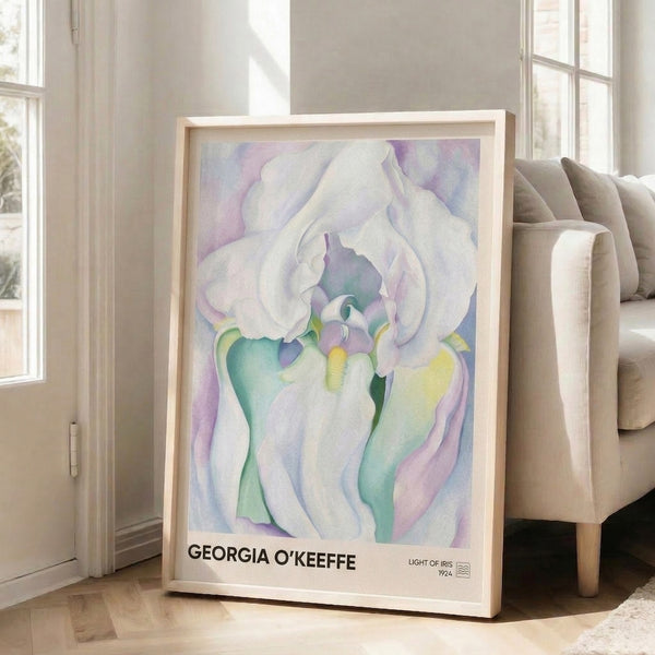 Framed poster of iris flower in Art Nouveau watercolor, showing soft purple petals and pale yellow center with serene, intimate mood.