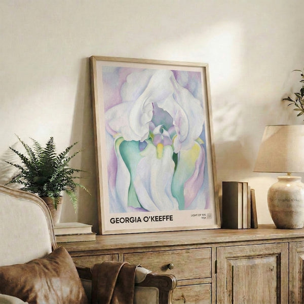Delicate iris watercolor painting with white and lavender petals, pale green stems, and contemplative sensual quality in classic Art Nouveau composition.
