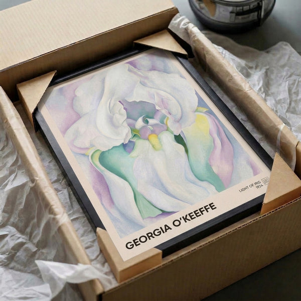 Serene botanical poster of iris in watercolor with layered pale purple petals, soft yellow stamen, and muted green-blue palette in Art Nouveau style.