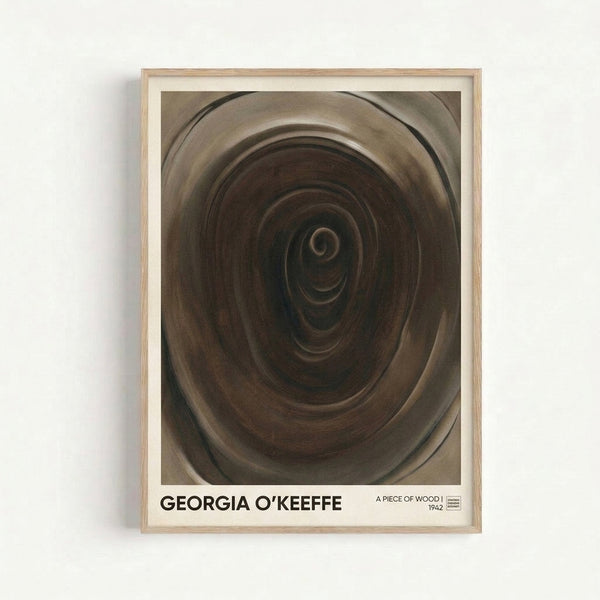 Georgia O'Keeffe inspired art print showing an introspective close-up study of wood texture and spiral patterns in muted cream and taupe hues, displayed as a framed modern abstract work.