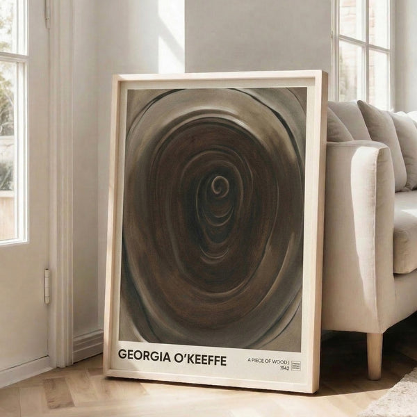 Framed contemporary art poster with an abstracted wood spiral motif in warm browns and creams, capturing the introspective quality of natural materials in modern minimalist style.
